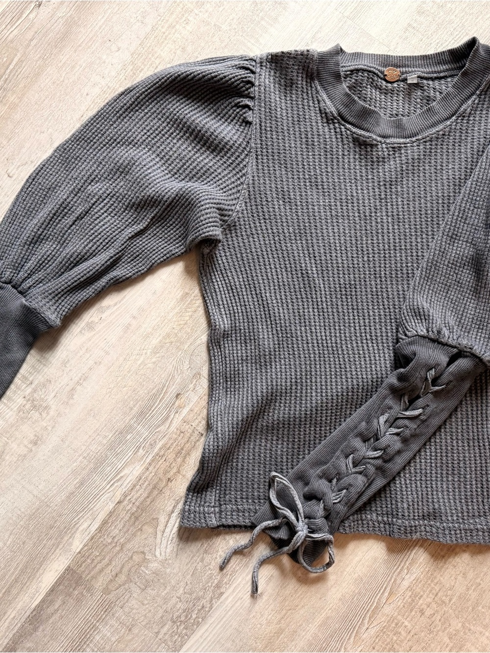 Free People Charcoal Gray Waffle Knit Puff Sleeve Sweatshirt with Lace-Up Cuff